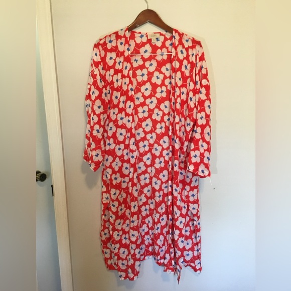 LOFT Outlet Floral Kimono Cardigan Red White Blue Open Front M/L - Picture 2 of 3